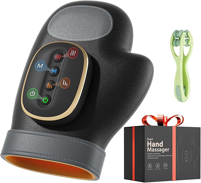WUX Hand Massager with Heat Compression Relief, 3 Massage 4 Temperatures 5 Compression Models Therapy Glove, Arthritis & Wrist Carpal Tunnel Muscles Pressure Point Therapy, Ideal Gifts for Women/Men