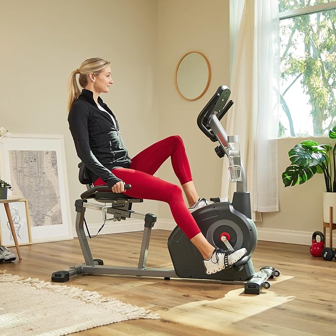 Sunny Health & Fitness Smart Recumbent Bike with Pulse Sensors, Home Cycling Workout Machine w/Cushion Seat & Mesh-Backrest, Free SunnyFit App Connection, Optional Programmable & Electro-Magnetic