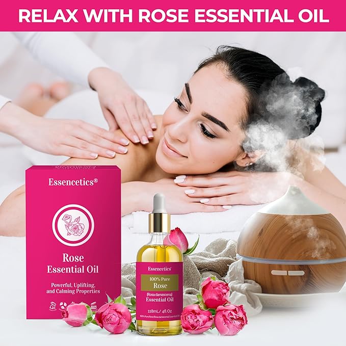 Rose Essential Oil 4 Oz - 100% Natural - Infused with Olive & Sunflower Oils - Organic Rose Oil for Skin, Soap Making, Candle Making, Diffuser, & Aromatherapy