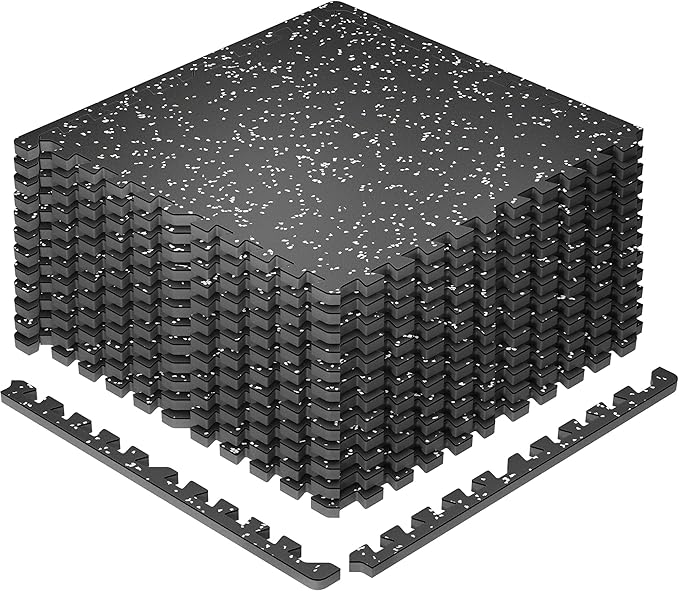 SUPERJARE 0.79'' Extra-Thick Exercise Equipment Mats, 12 Pcs 48 Sq Ft Rubber Top Floor Tiles with High Density EVA Foam, Interlocking Gym Flooring for Home Gym, Workout Mat, Black/Grey