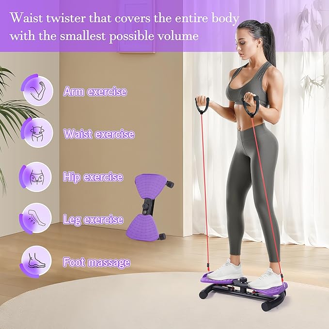 Waist Twister Machine Exercise With Digital Display To Track Time, Reps And Calories Burned, Waist twister machine With Balance Rope, Noiseless Abs Twister Plate, Holds 220 Lbs (purple and black)