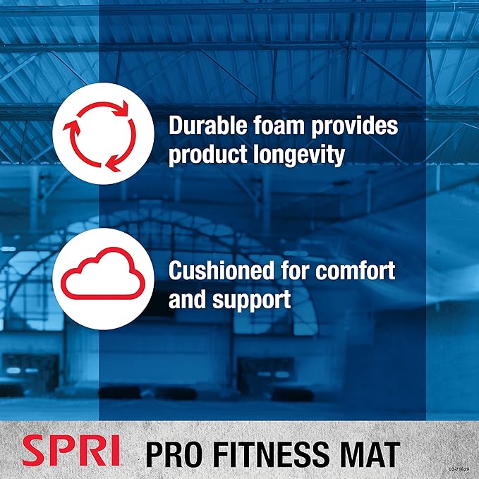 SPRI 12mm Pro Fitness Matt - Thick Exercise Mat for Floor Workouts, Sit-Ups, Push-Ups, Stretching, Toning, and General Fitness - Non-Slip Texture, Cushioned, Portable Rolling Mat with Carrying Strap
