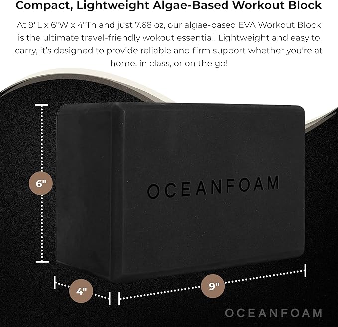Oceanfoam Workout Block - High-Density Foam Exercise Block, Lightweight, Non-Slip for Stability & Support in Pilates, Yoga, Stretching & More - Algae-based EVA Foam, 9"x6"x4" (Black Marbled)