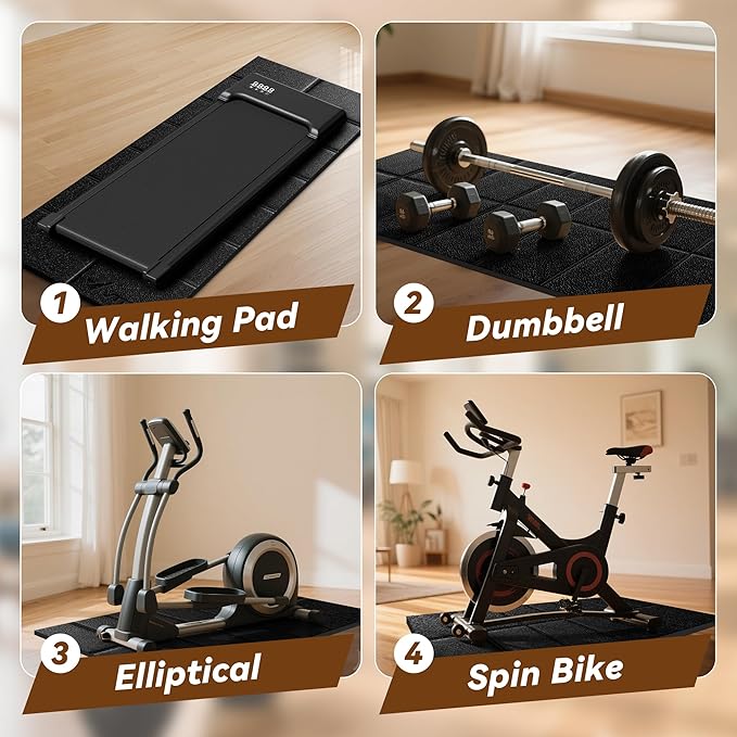 Walking Pad Mat for Carpet and Hardwood Floors, 1/4" Thick Foldable Treadmill Mat for Floor Protection, Non-Slip High Density for Bike, Elliptical, Home Gym Use