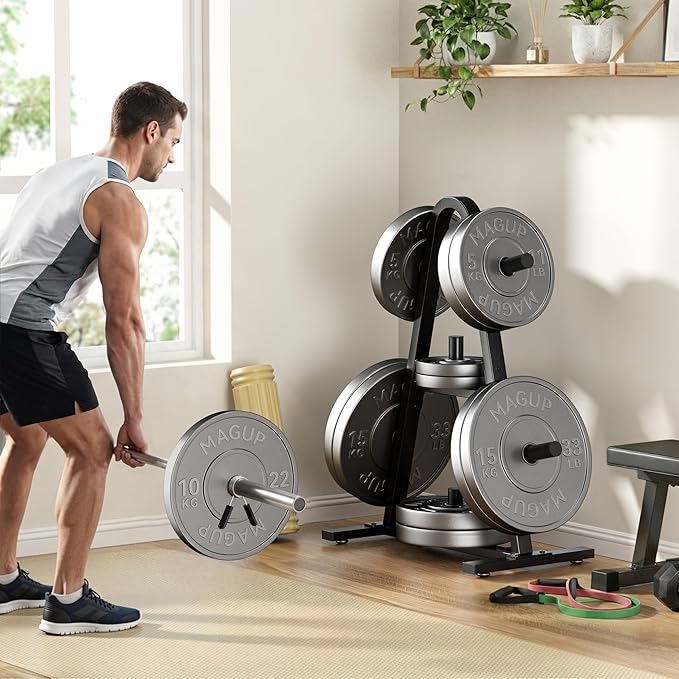 Olympic Weight Plate Rack 400LBs, Heavy Duty Weight Tree Rack for 2-Inch Plates, Barbell & Bumper Plate Storage, Free Weight Rack & Gym Plate Holder for Home Gym