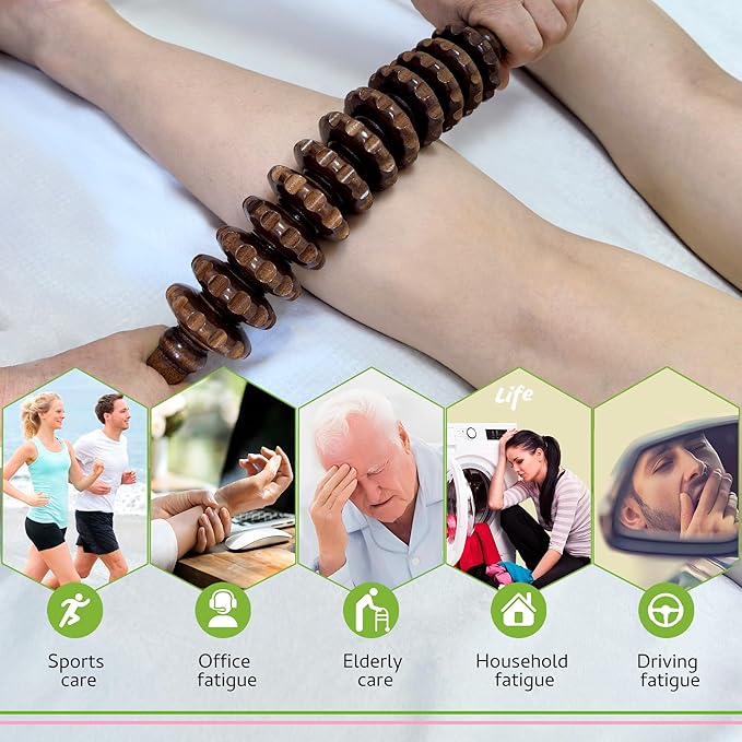 Wooden Curved Handheld Roller Massager Stick- 12 Rollers Wood Therapy Tool for Trigger Point, Fascia & Cellulite Reduction, Lymphatic Drainage, Muscle Tension Relief & Body Shaping (Brown)