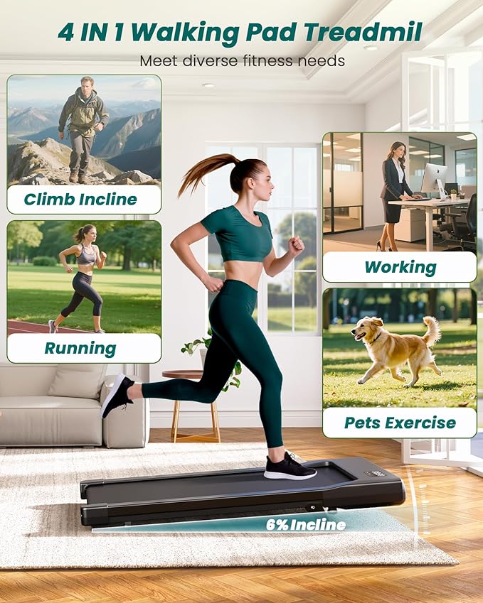 DeerRun Under Desk Walking Pad Treadmill for Home Office & Small Spaces, 6% Manual Incline, 0.6–3.8 MPH Walking Speed, 2.5 HP, 300 lb Capacity, App & Remote Control