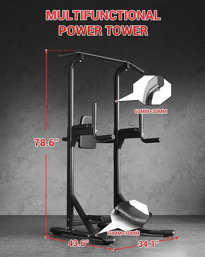 Power Tower, Heavy Duty Pull Up Bar 450LB Capacity, Multi-Functional Dip Station Adjustable Height, Strength Training Equipment Full Body for Home Gym, Pull-Ups, Dips & Leg Raises, Carbon Steel