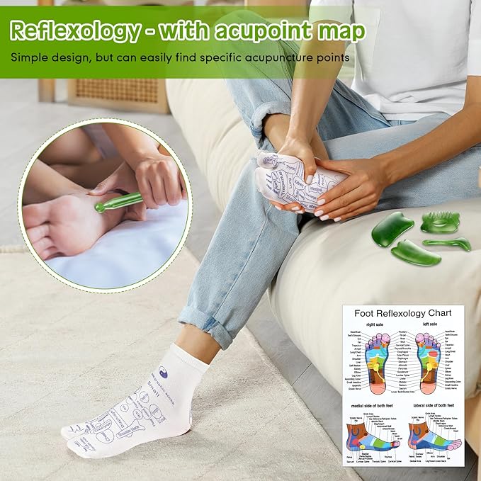 16 Pcs Reflexology Socks and Gloves with Tools Foot Reflexology Socks with Acupressure Gloves & 8 Pcs Massage Point Tools Foot Relief Acupressure Massager Set for Women and Men(Green)