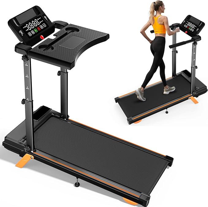 12% Incline Treadmill with Desk Workstation, 8.0MPH/3.5HP Portable Treadmill with Handle, 300LBS Weight Capacity Compact Walking Pads for Home, Small Spaces, Console with Big LED Display