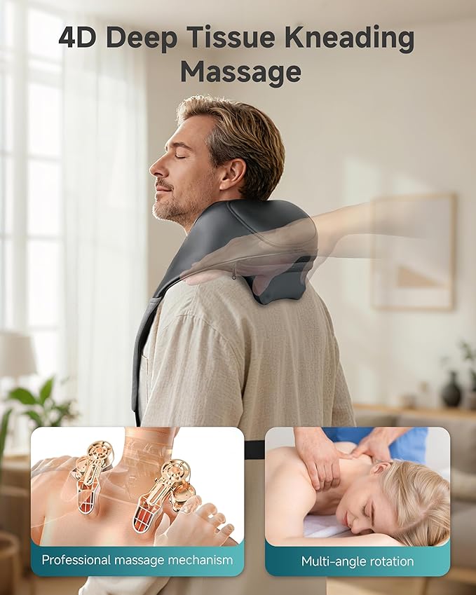Snailax Shiatsu Neck Massager for Pain Relief Deep Tissue Cordless Kneading Shoulder Massage with Heat Graphene Heating Rechargable, 4D Roller Neck Back Massage, Gift for Mom Dad