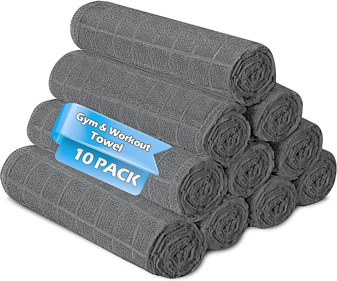 HOMERHYME Microfiber Workout Towels, 10 Pack Gym Sweat Sports Towels, 16 x 27 Inch Quick Dry Hand Towels, Absorbent Grey Towel for Home Yoga Fitness Spa Camping, Gym Accessories for Women Men