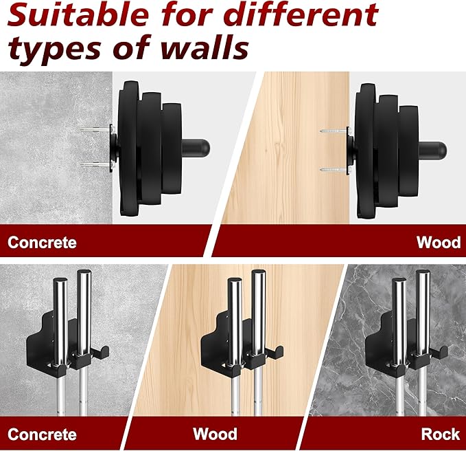 4 Pack Wall Mounted Weight Plate Holder and 1 Pack 2 Hooks Barbell Hanger, Weight Plate Holder for 2" Weight Plates, Vertical Barbell Holder With Protective Rubber Pad for Garage Home Gym