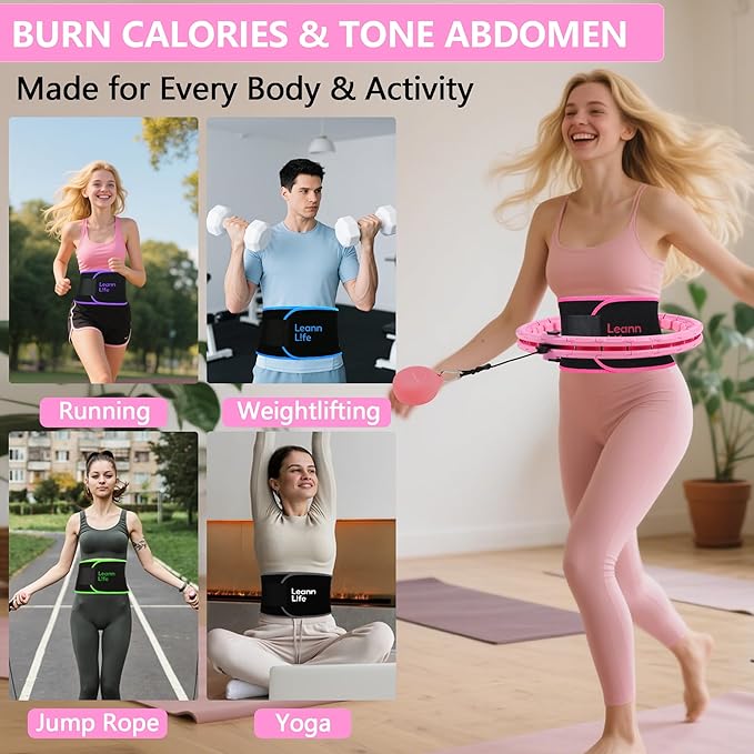 U1 Weighted Hula Hoop 30 Knots 19"-61" for Adults with Waist Trimmer Belt & Durable Wash Bag Bundle– Fitness Hoop for Exercise, Workout, Slimming & Home Gym, Light Pink