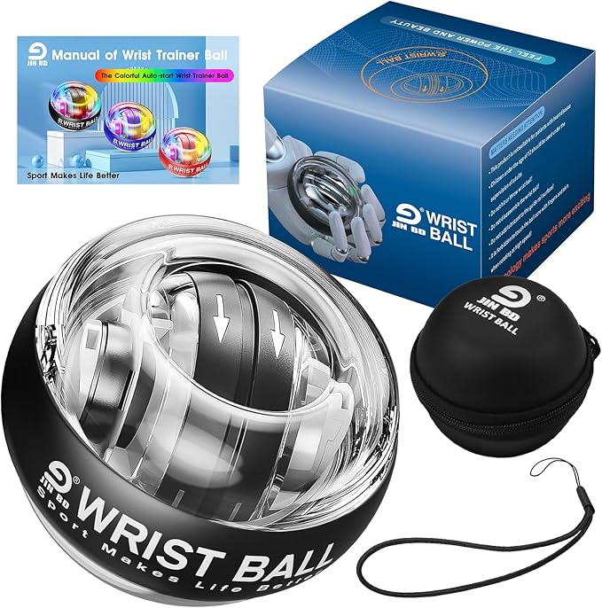 Wrist Gyro Ball and Finger Skateboard Set – Self-Starting Forearm Exerciser for Grip Strength, Hand & Finger Exerciser, No Light Black , Home Gym, Workout, Rehabilitation
