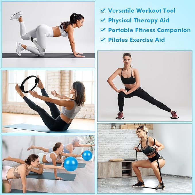 Pilates Ring Set Exercise Equipment, with Exercise Resistance Bands Set, Pilates Ball, Sliding Disks. Portable Home Gym - with Fitness Guide Poster