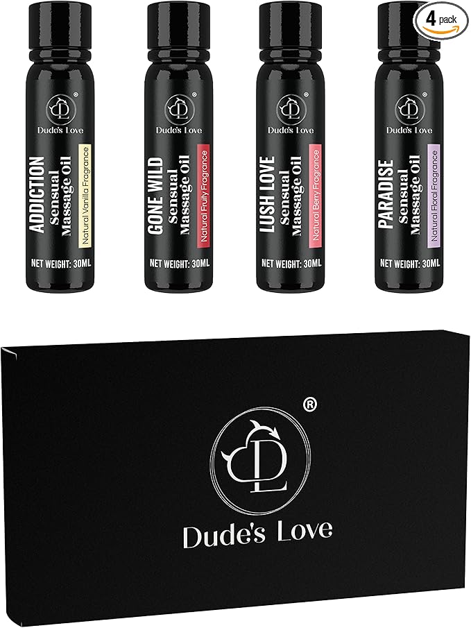 Dude's Love -Organic Safe to Lick Body Massage Oils for Couples – Sensual Massage Oil Gift Set | Romantic Date Night – Non Greasy No-Stain Quick Absorbing Smooth Glide Formula Trial Pack of 4-120 ML