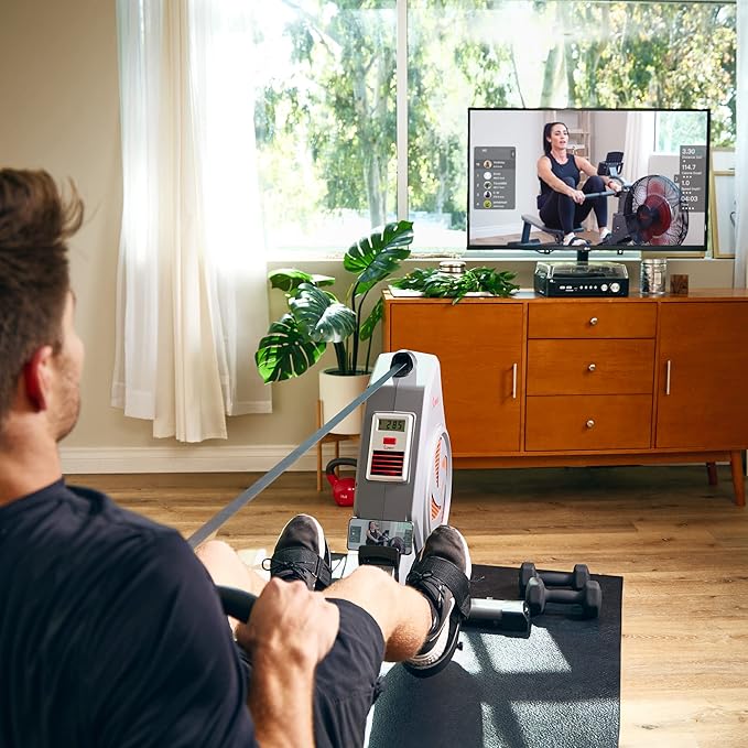 Sunny Health & Fitness Air Strive Smart Rower, Full-Body Training Rowing Machine with Spacious Inseam, Flip-Up Design for Home Gym, Free SunnyFit App Connection, Optional Dual Resistance