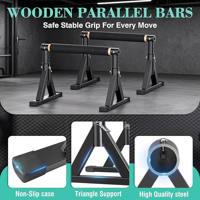 10-14'' Wooden Parallel Bar and Dip Bar with Adjustable Height and Non-Slip Handles, Rock-Free Fitness Equipment for Handstands, L-Sits, Gymnastics and Strength Training for Home Gym, 600lbs Capacity