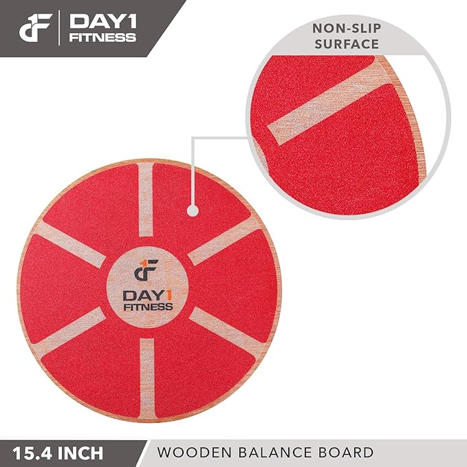 Day 1 Fitness Balance Board, 15.4” – RED - 360° Rotation, for Balance, Coordination, Posture - Large, Wooden Wobble Boards with 15° Tilting Angle for Workouts - Premium Core Trainer Equipment
