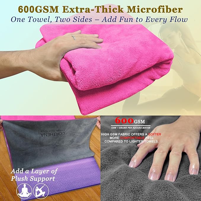 Yoga Mat Towel with Hand Towel, Extra Thick (600GSM) Soft Hot Yoga Towel, Non-Slip and Sweat Absorbent for Hot Yoga, Bikram, Pilates, and Fitness, 72" x 27.5", Dual-Color, Grey/Pink
