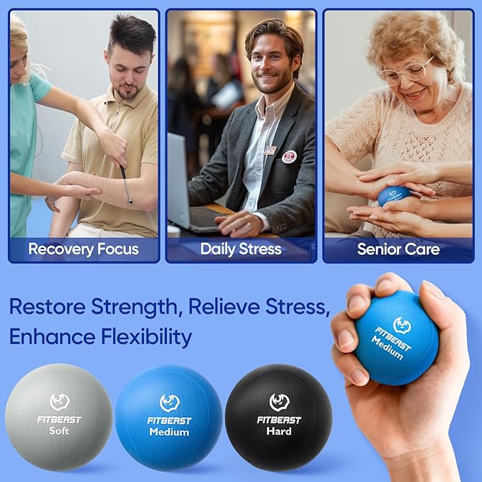 FitBeast Grip Strength Trainer – 6 Pieces Hand Therapy Kit with Finger Extension Exerciser & Stress Balls for Adults, Rehab & Strength Training – for Men, Women, and Seniors