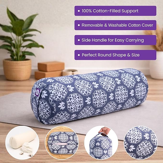 Yogikuti Iyengar Yoga Bolster for Restorative Yoga and Meditation – Lightweight Cotton Support Pillow with Handle for Easy Carry, Versatile for Pose Modification, Balance, Back Relief, and Relaxation