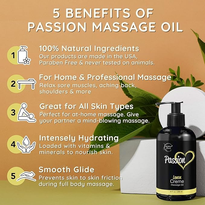 Passion Massage Oil for Date Night | 100% Natural Body Oil for Couples with Jojoba & Almond | Aromatherapy & Relaxing Massage Therapy | Valentines Day Gifts for Her | Lemon Crème Scent