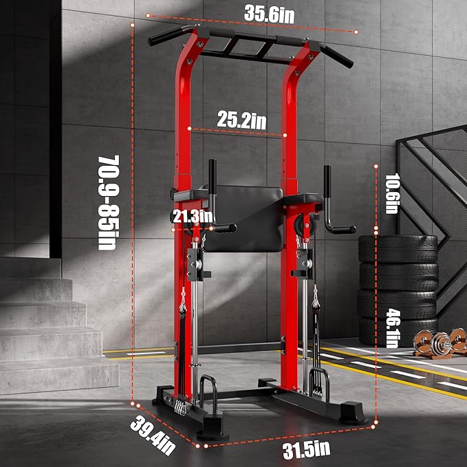 soges Power Tower Dip Station with Assisted Pad, Height Adjustable Pull Up Bar Station Free Standing for Home Gym, Multi-Function Strength Training Full Body Workout Equipment, Red