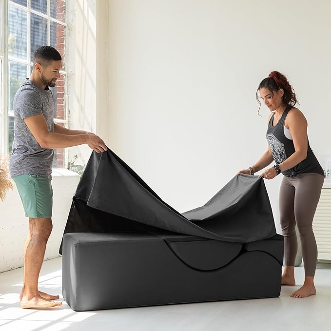 Avana Kami Convertible Chaise/Bed Bench for Yoga & Massage - 2-in-1 End of Bed Ottoman with Concealed Fold Out Yoga Lounge Chair, 22" Wide, Microvelvet Ink Blue