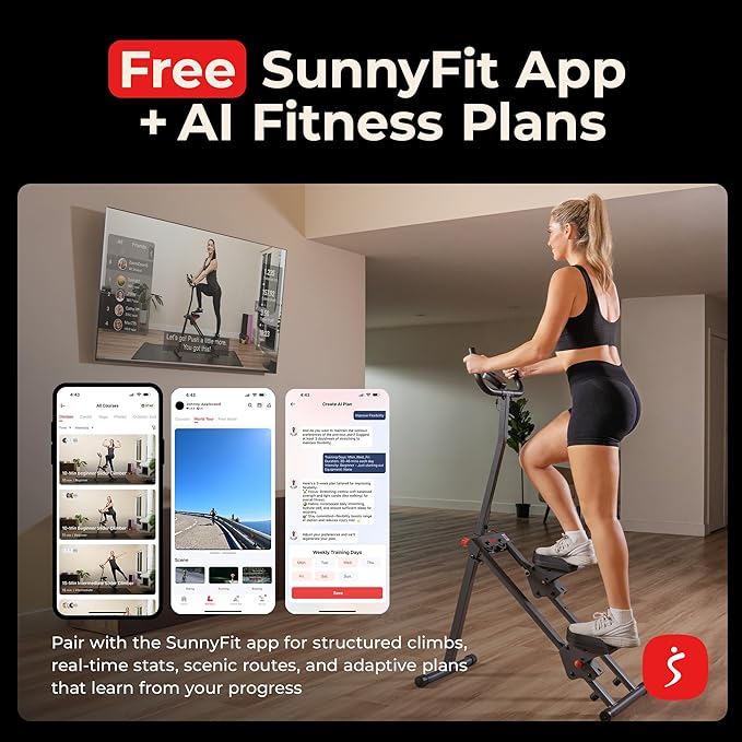 Sunny Health & Fitness Smart Foldable Cardio Stair Stepper, Vertical Climber with Extended Step Range, SunnyFit App Connection – Pink / White / Gray