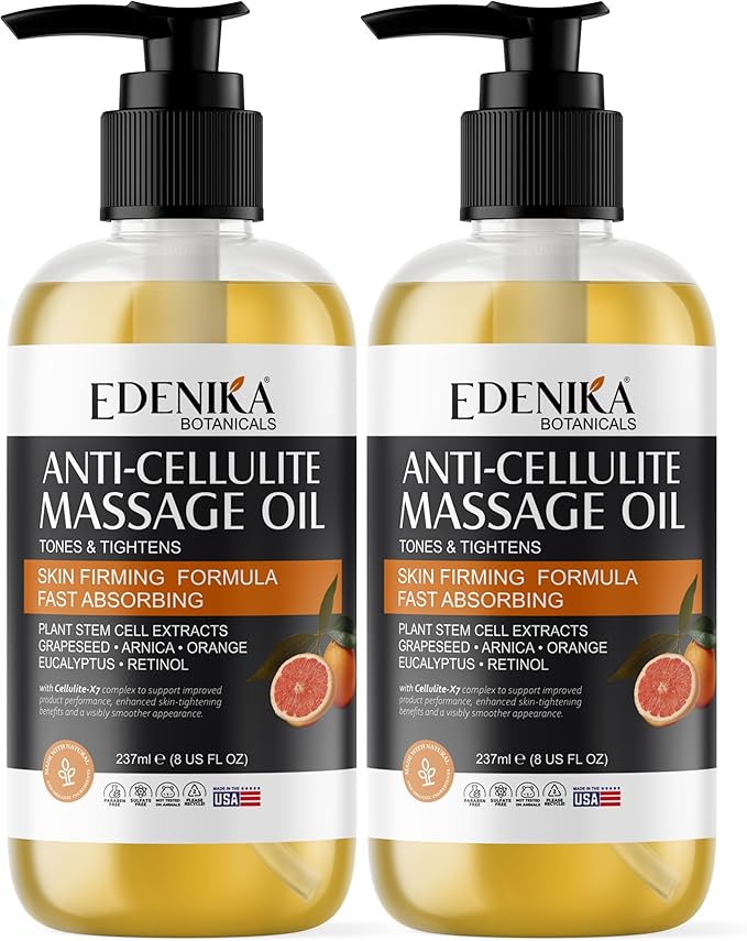 Firming Anti Cellulite Massage Oil, Grapeseed Oil, Caffeine, Plant Stem Cells & Retinol, Supports Tighter, Smoother-Looking Skin on Body, Legs, Thighs & Buttocks, 2-Pack