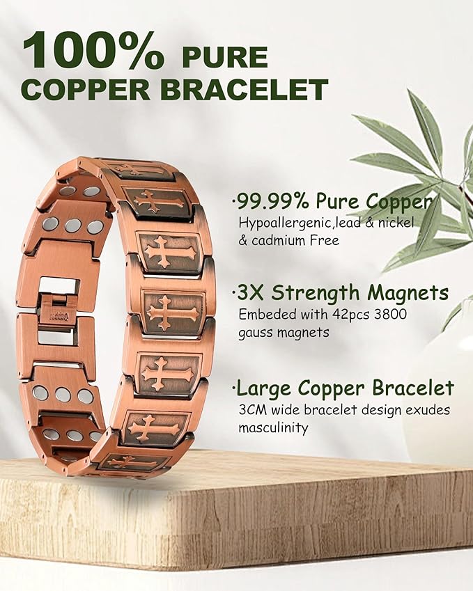MagEnergy 99.99% Copper Bracelet for Men, Cross Copper Magnetic Bracelet with 3800 Gauss Magnets, Adjustable with Sizing Tool, Pulsera de cobre para Hombre, Men's Jewelry Gift