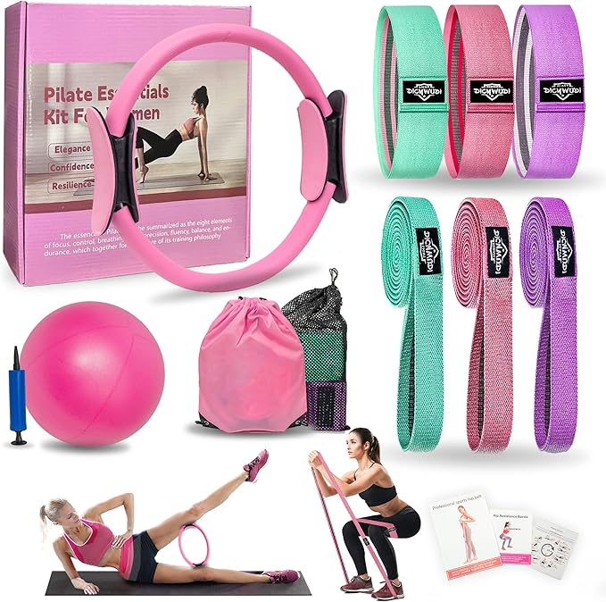 Pilates Essentials Kit for Home Women, Pilates Equipment for Workouts, 6 Fabric Resistance Bands, 12 Inch Magic Circle Yoga Ring, Mini Exercise Ball, Great Exercise Accessories
