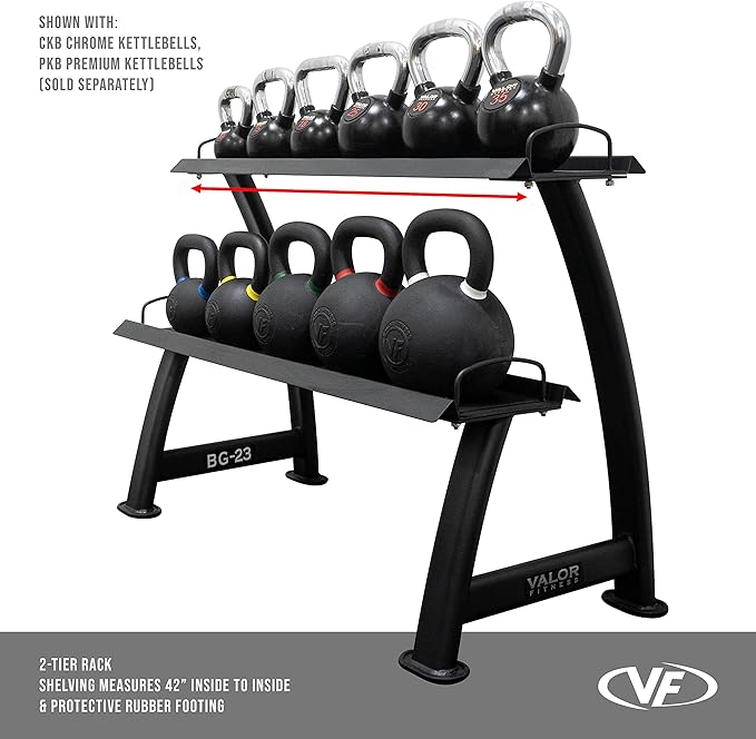 Valor Fitness 2-Tier Kettlebell Storage Rack – Heavy Duty Weight Holder, Organize Gym Equipment, 600 lb Max Weight Capacity for Dumbbells, Kettlebells & Fitness Gear