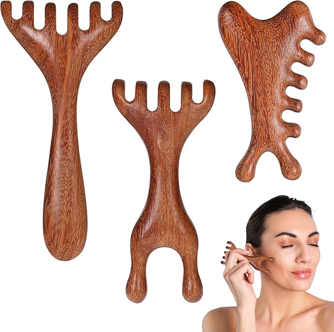 3 Pack Wooden Massager Comb Gua Sha Scraping Massages 6 Claws Meridian Massager Double Head Massage Rake Foot Massagers Tools with Long Handle for Head Neck Back Legs Feet