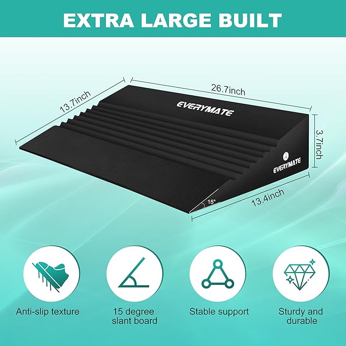 EVERYMATE Squat Wedge, Extra Large Squat Wedge Block, Squat Wedges Weightlifting, Calf Stretching, Slant Board for Squats, Heel Elevated Squat Wedge, Knees Over Toes Squats, Calf Wedge Stretching Block