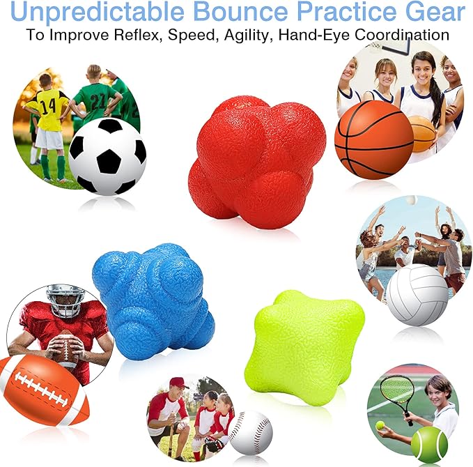 3 Pcs Reaction Ball Rubber Reflex Ball for Hand Eye Coordination Training Bounce Reaction Balls Different Level Reaction Training Ball for Agility Training Equipment Reflex Speed, Blue, Red, Yellow