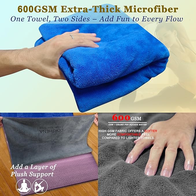 Yoga Mat Towel with Hand Towel, Extra Thick (600GSM) Soft Hot Yoga Towel, Non-Slip and Sweat Absorbent for Hot Yoga, Bikram, Pilates, and Fitness, 72" x 27.5", Dual-Color, Grey/Blue