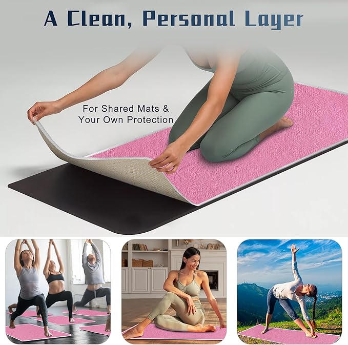 Hot Yoga Towel Non-Slip, 2 Pack Thick & Soft Yoga Mat Towel, Sweat Absorbent, with Grip Dot, 72" x 27", Yoga Towel for Hot Yoga, Pilates, Fitness and Gym Workouts, Light Pink