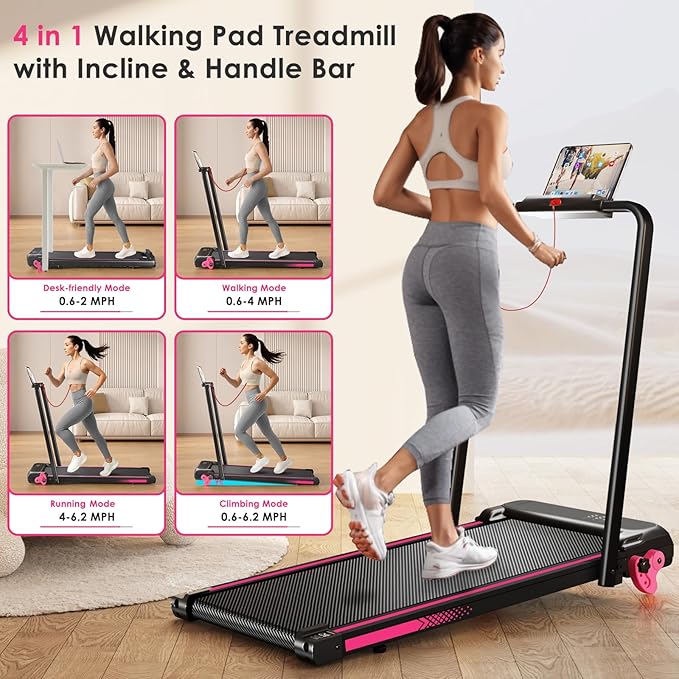 Walking Pad with Incline Portable Treadmill with Handle Bar for Home Office Under Desk Use Small Space Treadmill