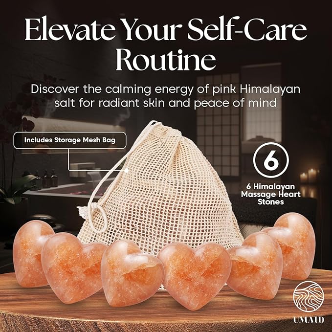 UMAID Himalayan Salt Massage Stones Heart Shape 6 Pack with Cotton Storage Bag – Natural Deodorant, Massage Stones, Hot & Cold Therapy, Muscle Relief, Spa Use
