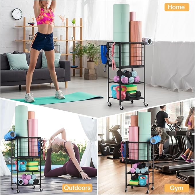 ETELI Yoga Mat Storage Rack Home Gym Workout Equipment Storage Cart with Hooks Wheels Small Metal Weight Rack for Dumbbells, Kettlebells, Foam Rollers, Resistance Bands, Yoga Block