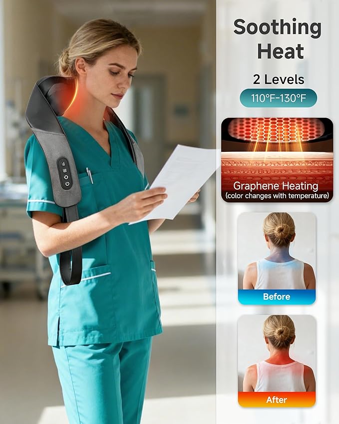 Snailax Shiatsu Neck Massager for Pain Relief Deep Tissue Cordless Kneading Shoulder Massage with Heat Graphene Heating Rechargable, 4D Roller Neck Back Massage, Gift for Mom Dad