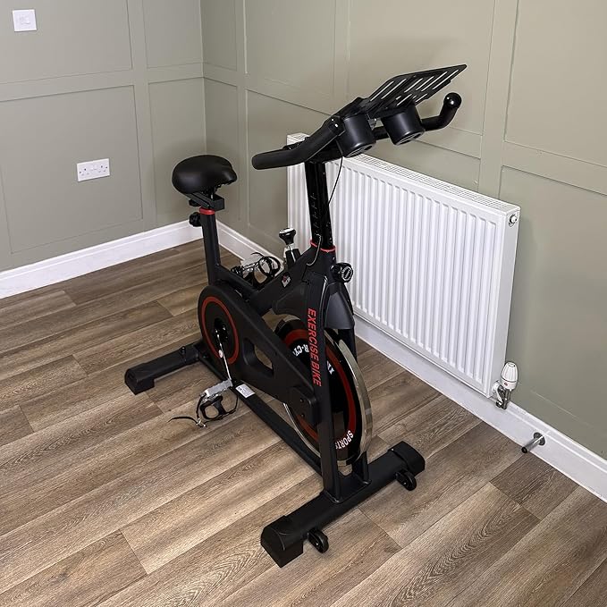 Soozier Exercise Bike, Flywheel Indoor Stationary Bike, Adjustable Height and Resistance, with LCD Monitor, Comfortable Seat Cushion, 264 lbs Capacity, Black and Red