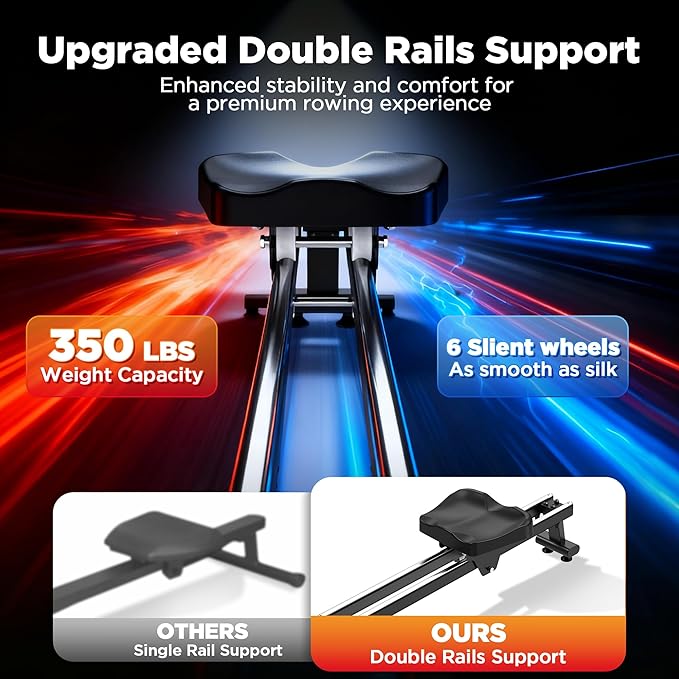 Rowing Machines for Home Use, Compact Rower Machine with 350 LBS Capacity,32-Level Self-Powered Resistance Knob with Real-Time Data Tracking, Dual Rail, Ergonomic Seat, App Support