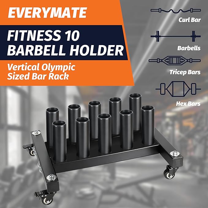 EVERYMATE Vertical Barbell Rack - Heavy-Duty Steel Organizer, Barbell Holder Floor Stand, Fits 2" Olympic Bars with Scratch-Resistant Inserts, Space-Saving for Home/Garage/Commercial Gym