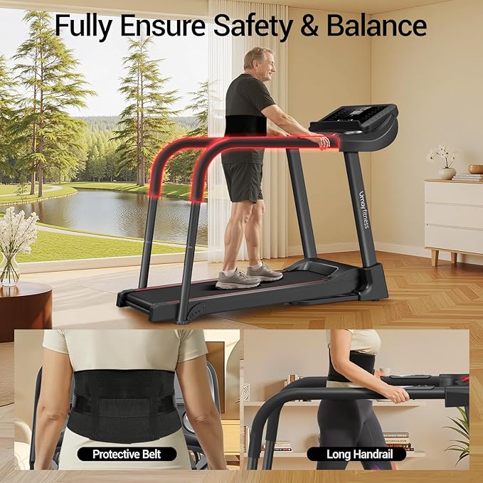 UMAY Fitness Rehab Treadmill with Extended Handrails & Belt for Safety & Balance, 0.1 Increment for Start & Stop, Pulse Sensors, Auto-Folding Home Recovery Treadmill, 300 LBS Capacity