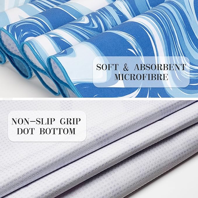 Yoga Mat Towel Cover with Large Corner Pockets, Non Slip Grip Microfiber Mat Cover Mat for Hot Yoga, Pilates and Gym Workout, 70" L x 26" W, Blue