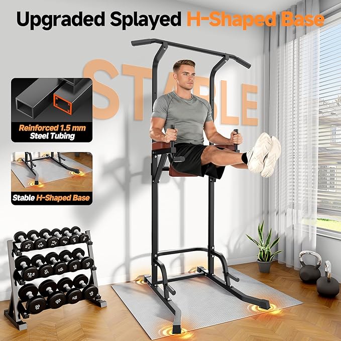 Power Tower Pull Up Station for Home Gym, Dip Station with Splayed H-Shaped Base, 440LBS Capacity, Adjustable Height Workout Station for Pull-ups, Dips & Leg Raises
